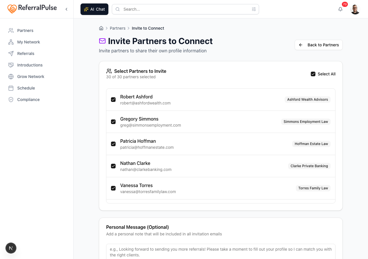 The Invite Partners to Connect page. Tick the partners you want to invite, optionally add a personal message, and send the invitations as a batch.