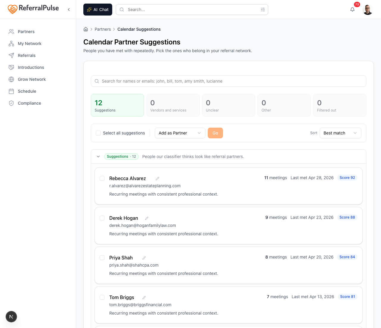 The Calendar Partner Suggestions page lists candidates ranked by how likely they are to be a referral partner. Each row shows the meeting count, the date you last met, and a likelihood score. Tick the ones who belong in your referral network and add them in bulk.