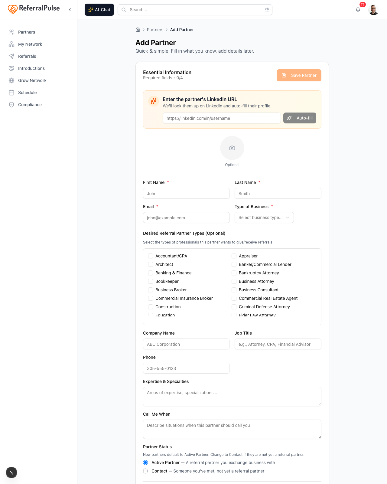 The full Add Partner form, showing essential fields at the top, the Desired Referral Partner Types checkbox grid in the middle, and the gray Your Notes panel at the bottom.