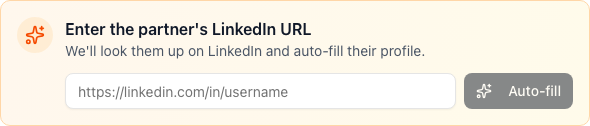 The LinkedIn URL field at the top of the Add Partner form auto-fills the rest of the form when you paste a profile URL.