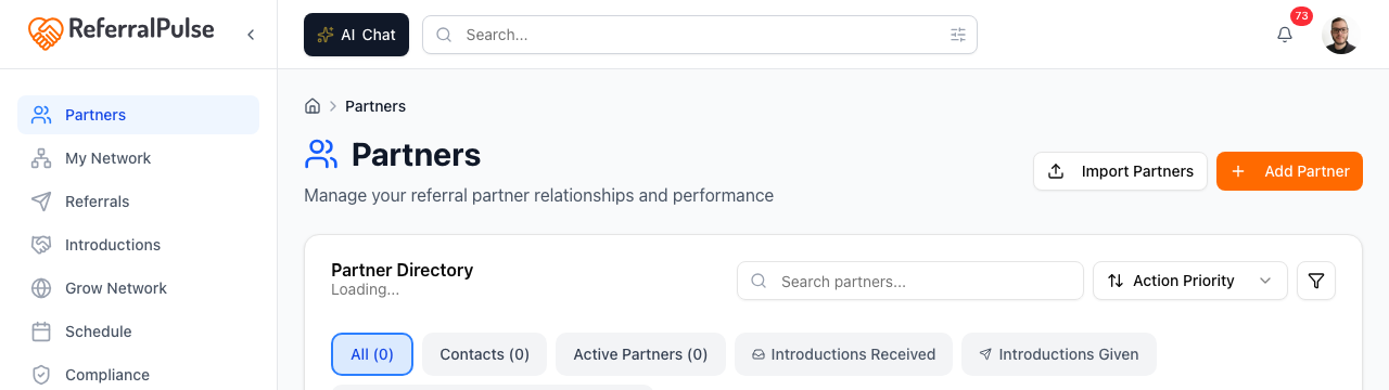 The Partners list page. The orange Add Partner button in the top right opens the manual form. Import Partners next to it opens Build Out Your Network.