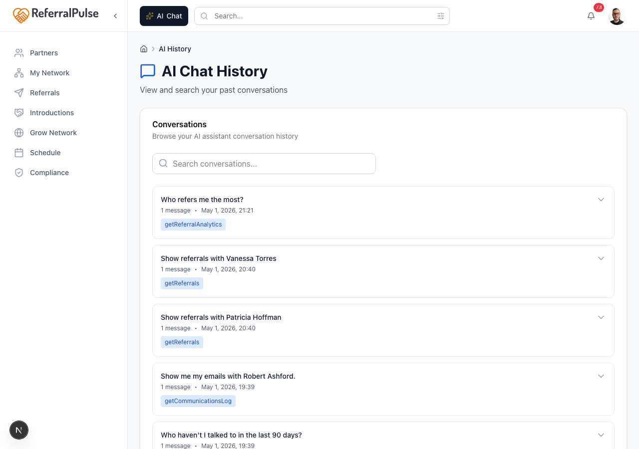 The AI Chat History page. A searchable list of past conversations, each row showing the first message, when it was sent, and a preview of the response.