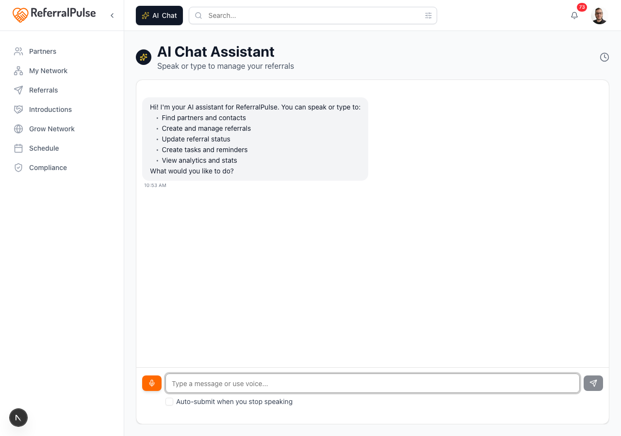 The AI Chat Assistant page. The welcome message tells you what the assistant can help with. The input bar at the bottom has the orange microphone, the text field, and a send button. The clock icon at the top right opens your conversation history.
