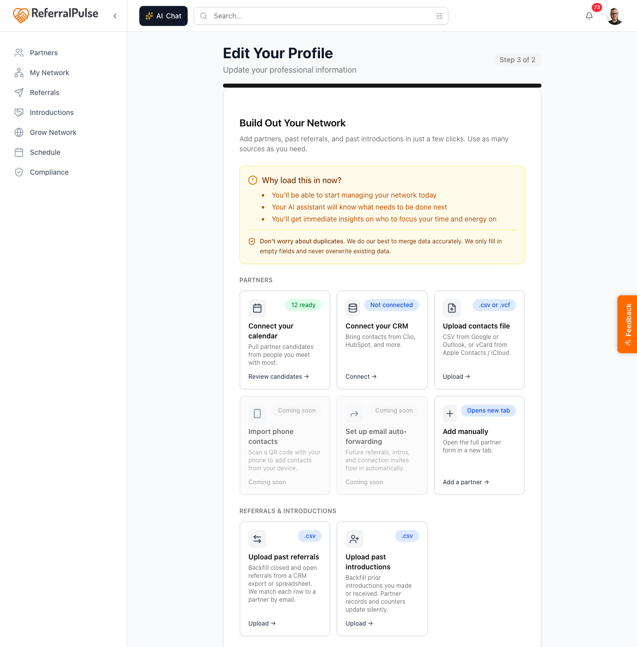 The Build Out Your Network screen. The Upload contacts file card is the entry point. Click it, then click Upload to open the import dialog.
