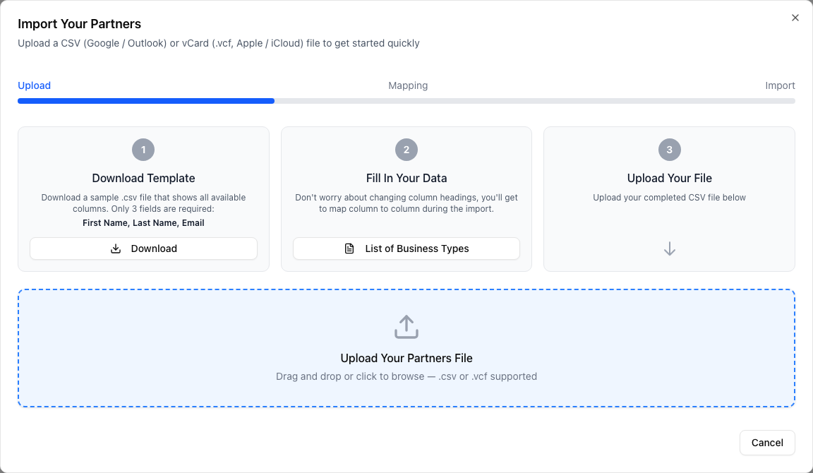 The Upload step. Three numbered cards across the top tell you what to do (Download Template, Fill In Your Data, Upload Your File). A drag-and-drop area sits below.