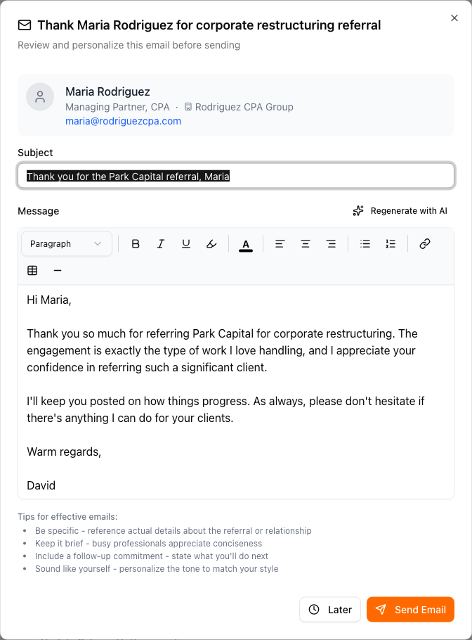 A thank-you draft open in the editor, with the partner header, subject and body fields, the Regenerate with AI button on the right, and Later and Send Email at the bottom.
