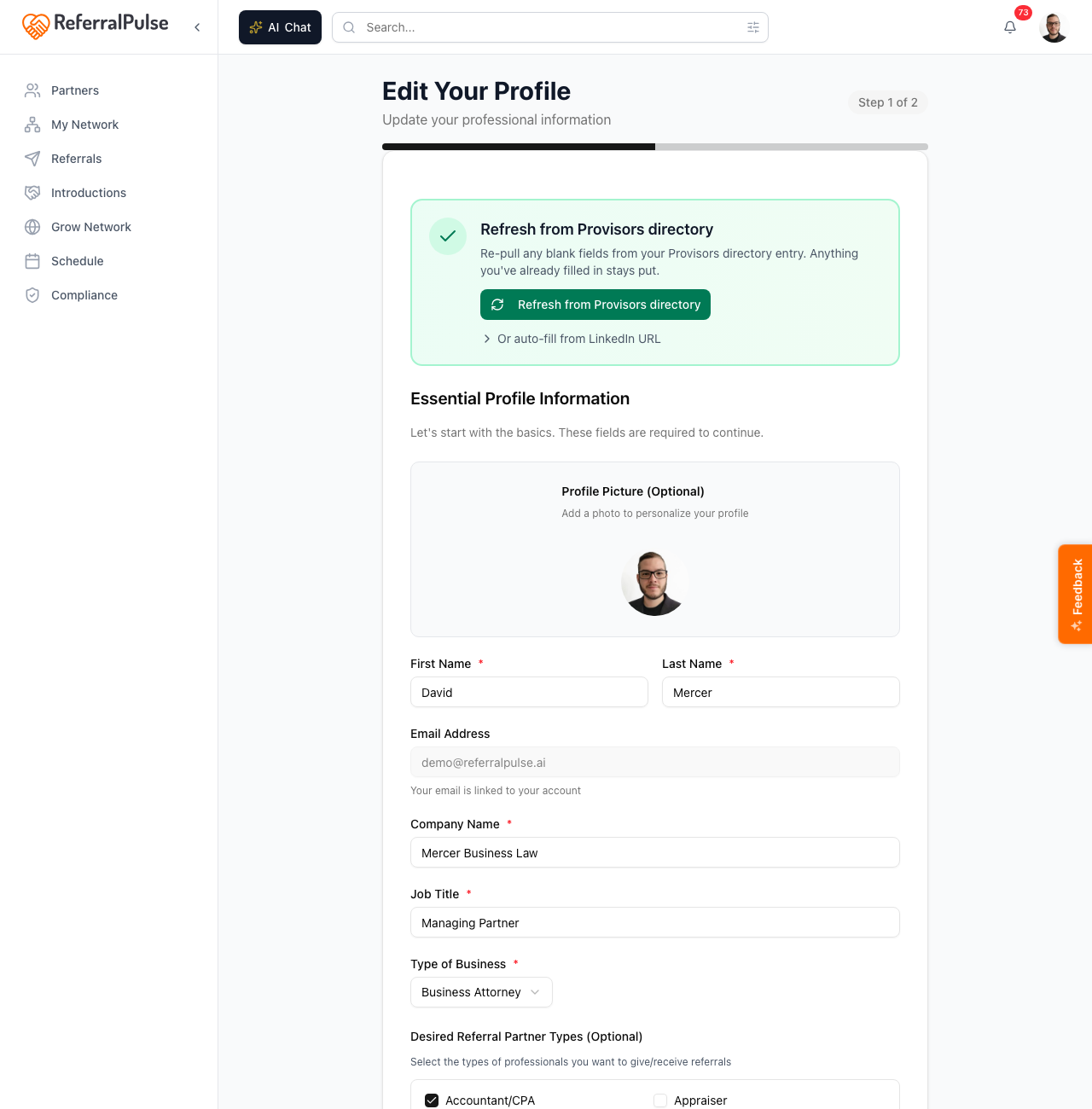 Step 1 of the wizard. The Take a Shortcut card at the top is the LinkedIn prefill. Below it, the Essential Information form has fields for first name, last name, email, company, title, type of business.