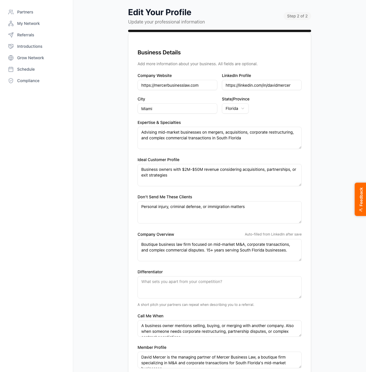 Step 2 (Business Details). Long-form fields for expertise, ideal customer, and what makes you different at the top. The Desired Referral Partner Types checkbox grid is at the bottom.