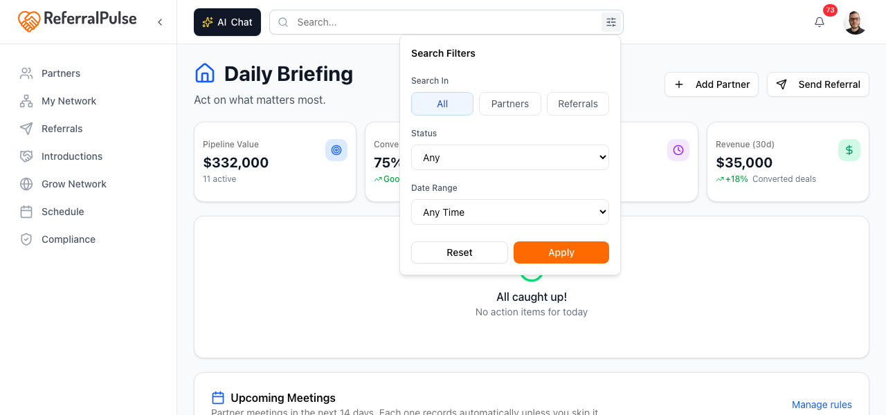 The Search Filters popover. The Search In row has three buttons (All, Partners, Referrals) for narrowing the result type. Status and Date Range filters sit below.