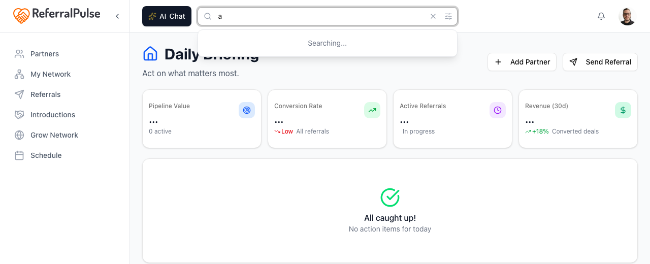 The results dropdown. Each row shows a Partner or Referral type badge, the title (the person or client's name), and a subtitle with extra context. Click any row to open that record.