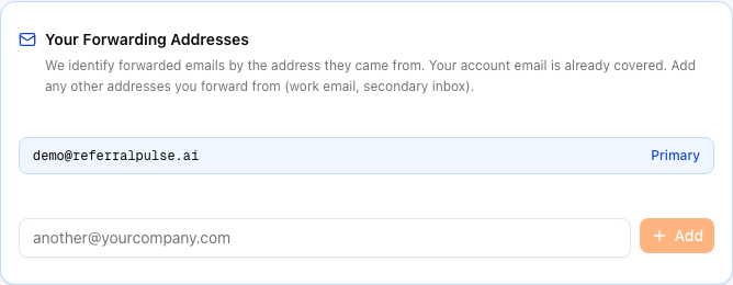 The Your Forwarding Addresses card with the user's primary email tagged Primary, plus the input field for adding more forwarding addresses.
