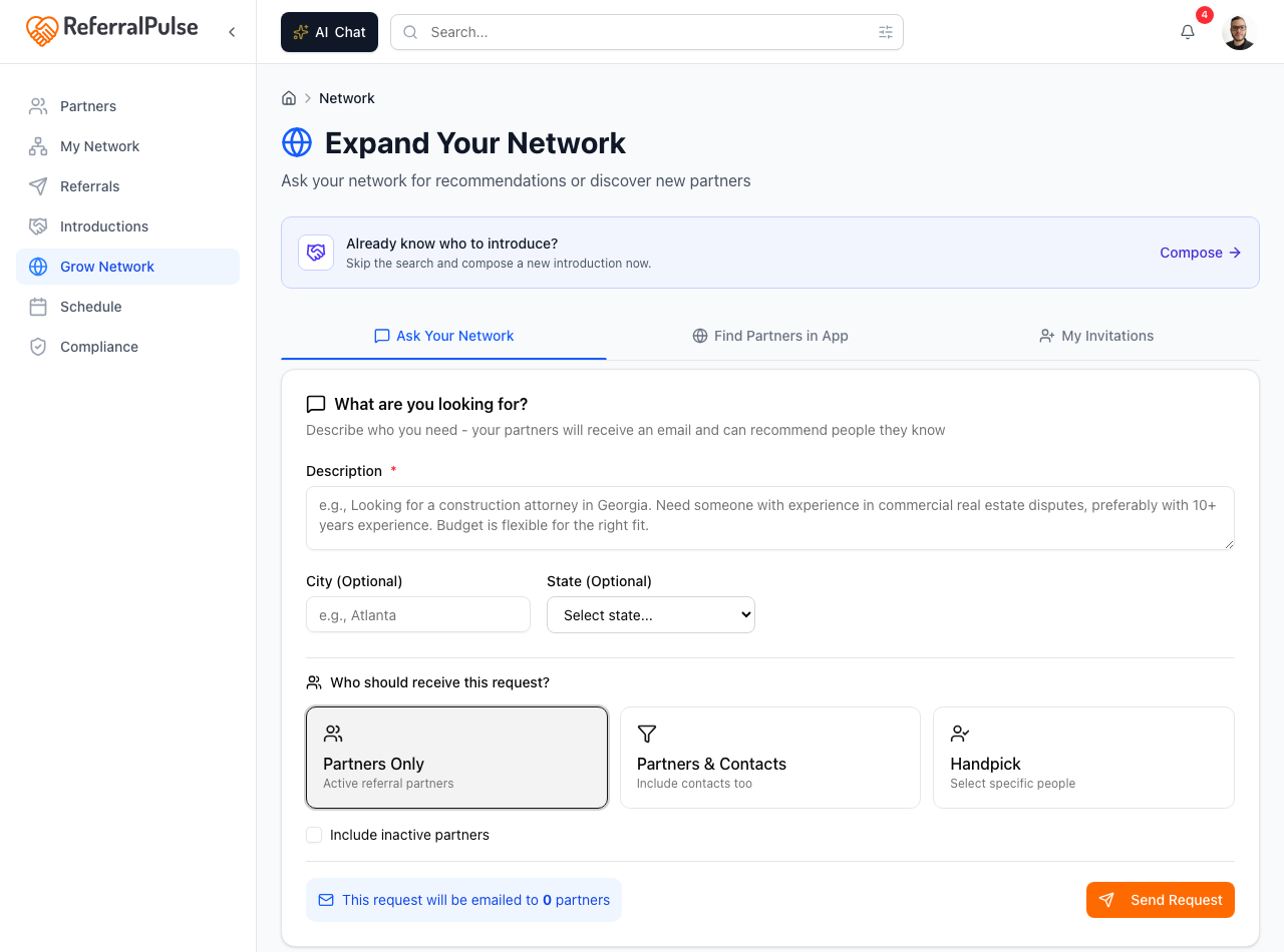 The Expand Your Network page. Three tabs: Ask Your Network, Find Partners in App, and My Invitations. The compose introduction banner sits above the tabs.