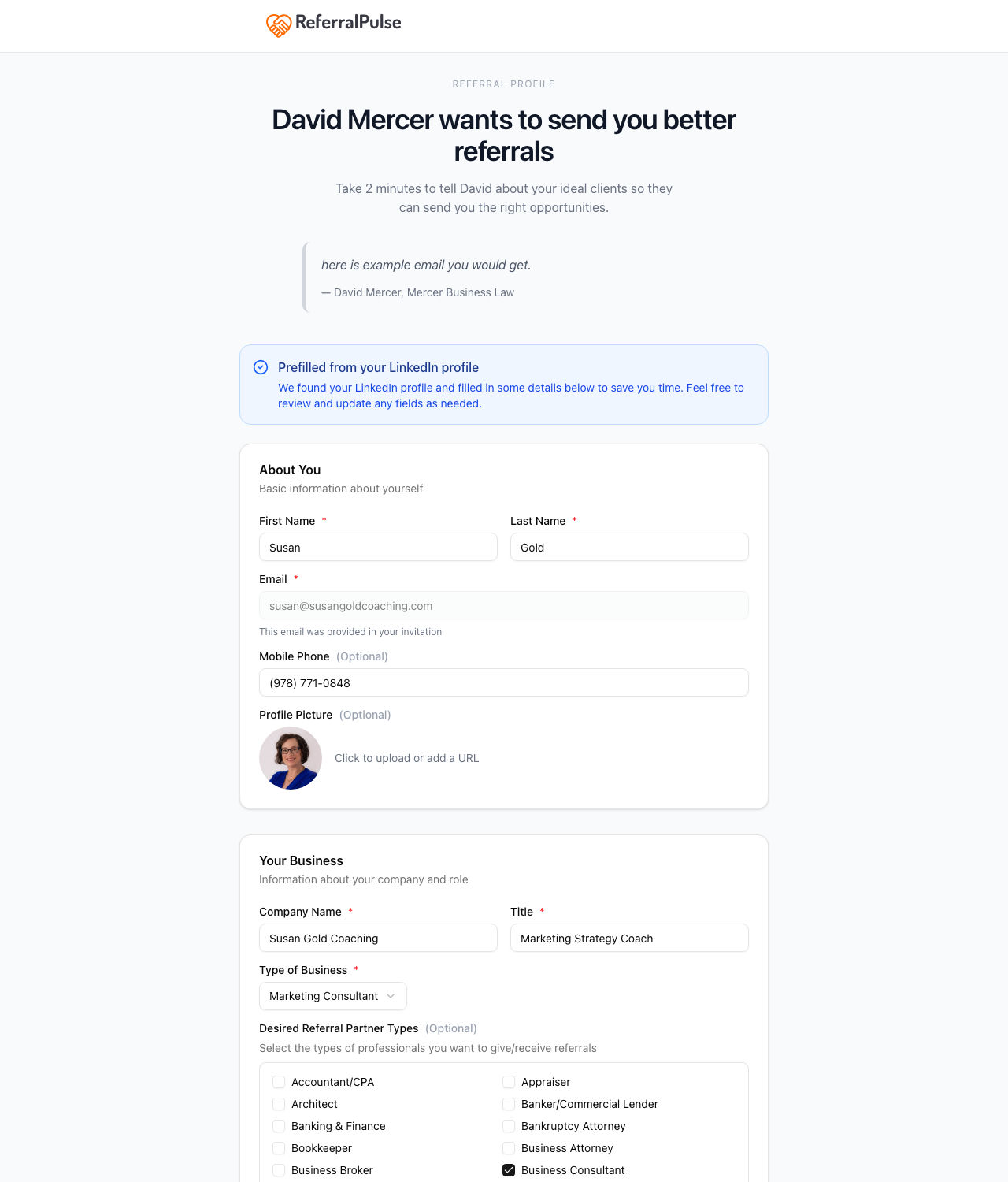 The invite landing page with the About You and Your Business sections in a single-page form.