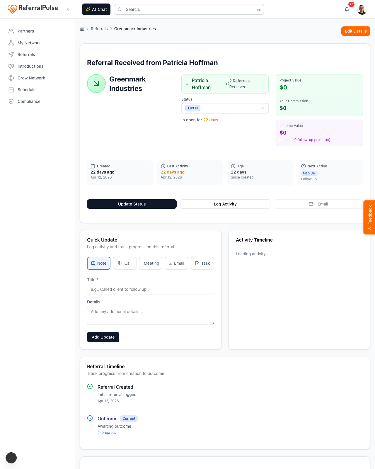 A referral detail page. Status, value, commission, and the activity timeline are all visible at once.