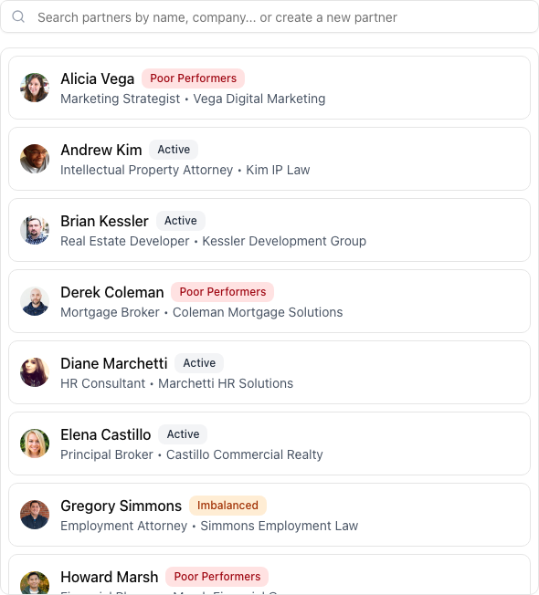 The partner search panel inside the form. Pick a partner from the list, or type a name and create them on the spot.