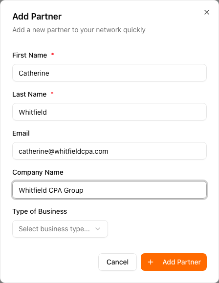 The Add Partner modal you get from the Create new partner link. First name and last name are required, the rest are optional.
