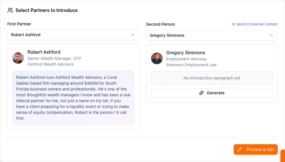 The Compose an introduction page. First Partner and Second Person pickers, each showing the selected partner's intro paragraph if one exists or a Generate button if it doesn't. Preview & Edit at the bottom opens the email draft.