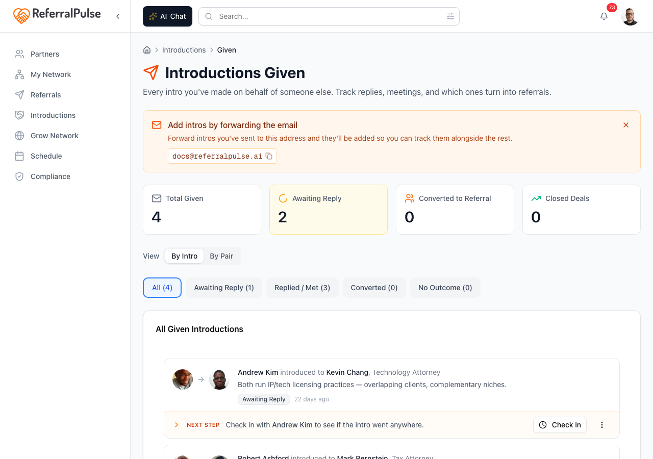 The Introductions Given page. Status counts up top, filter chips below, and a list of intros each with a partner pair, status badge, age, and next-step action.