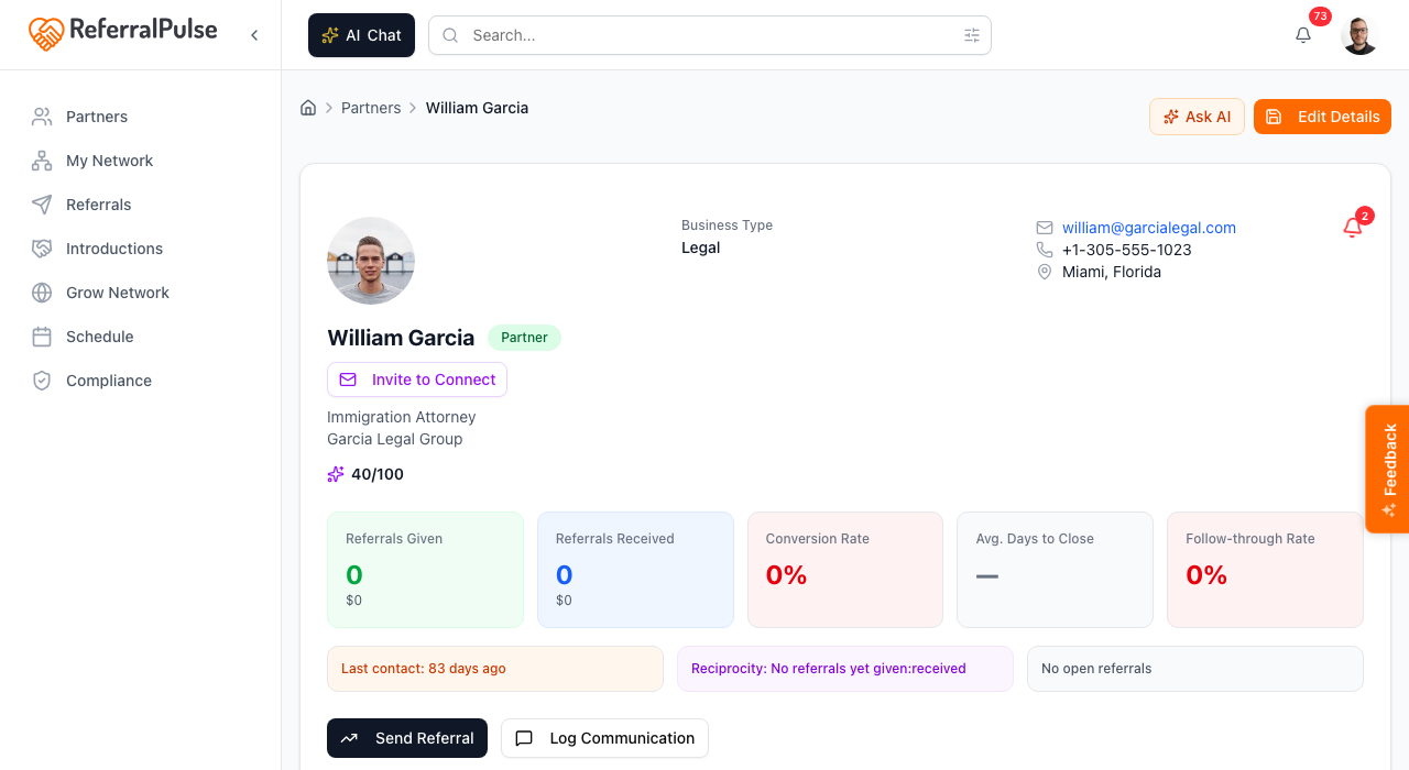 The partner detail page showing the Invite to Connect button in the top right when the partner is not yet on the app.