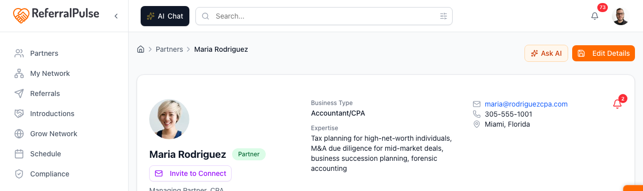 The header of a partner detail page. Breadcrumb with Ask AI and Edit Details buttons. Below that, the partner card shows the photo, name, Partner status badge, Invite to Connect button, business type, expertise, and contact info.
