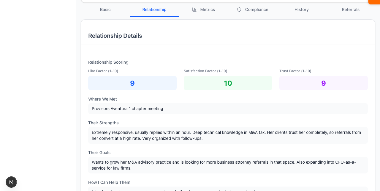 The Relationship tab. Personal notes about how you know the partner, birthday, and the introduction paragraph that drives the warmth of every intro draft.