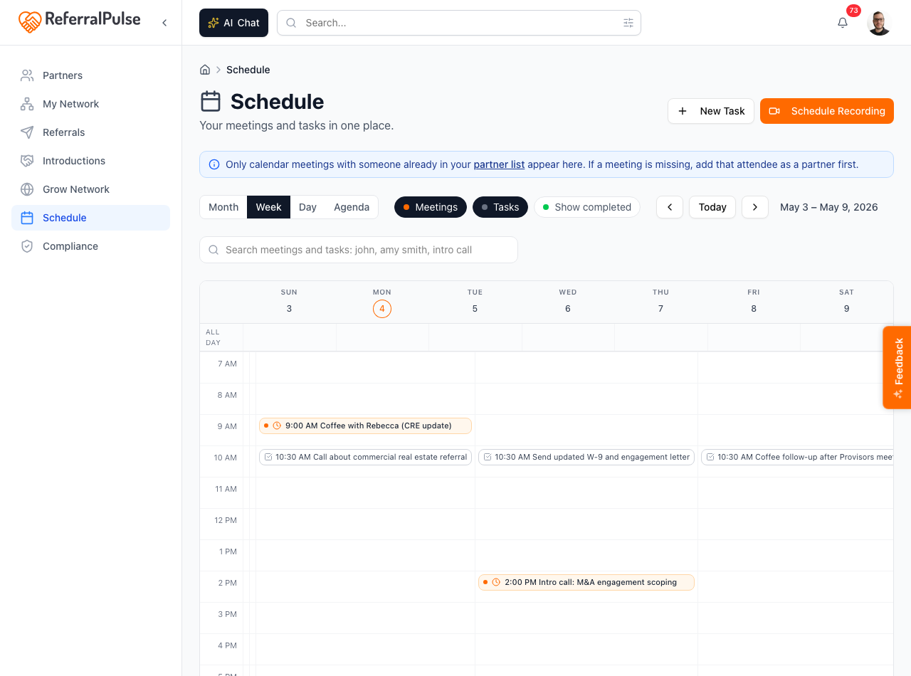 The Schedule page in Week view. View switcher (month/week/day/agenda) on the left, meeting and task filter chips in the middle, date arrows on the right. Meetings are orange, tasks are gray.