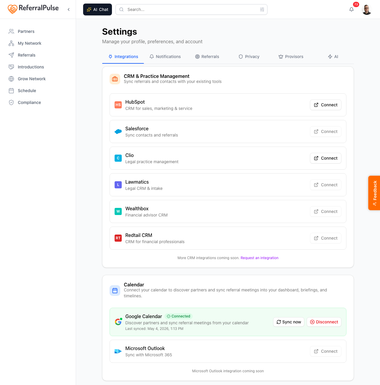 The Integrations tab. CRM cards at the top let you connect HubSpot, Salesforce, Clio, Lawmatics, Wealthbox, or Redtail. The Calendar card connects Google Calendar. Below that, the Email card and the Meeting Recording panel.