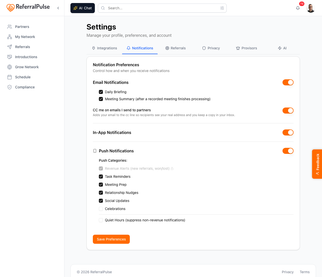 The Notifications tab. Email Notifications at the top with a master toggle and category checkboxes. In-App Notifications in the middle. Push Notifications at the bottom with a per-category list and a Quiet Hours block.