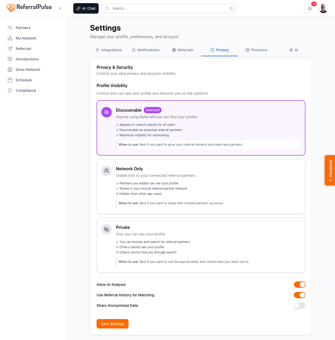 The Privacy tab. Three Profile Visibility cards (Discoverable, Network Only, Private), the matching toggles below, and the Change Password card at the bottom.