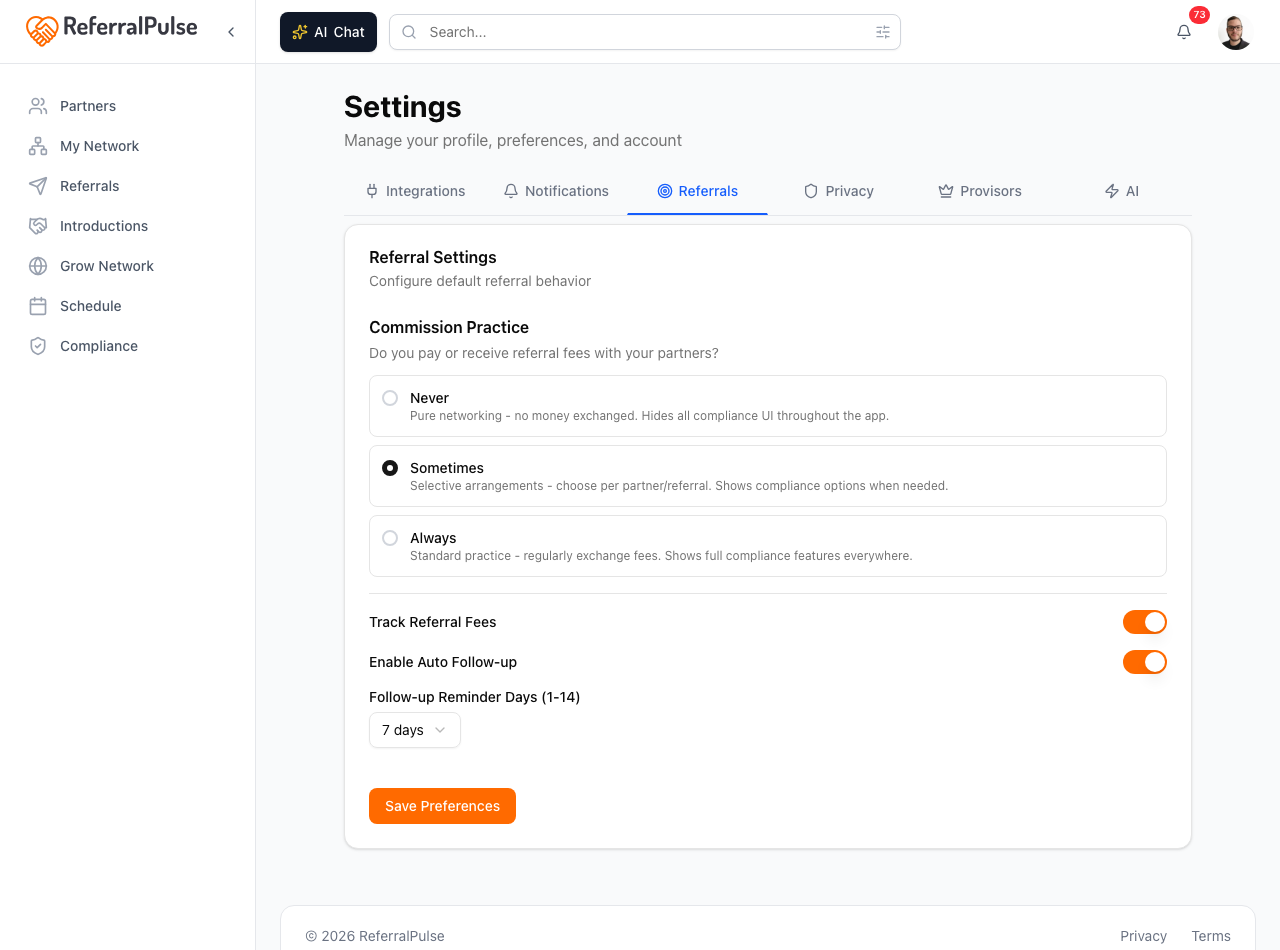 The Referrals tab. The Commission Practice radio group at the top has three options (Never, Sometimes, Always). Below it, toggles for Track Referral Fees and Auto Follow-up.