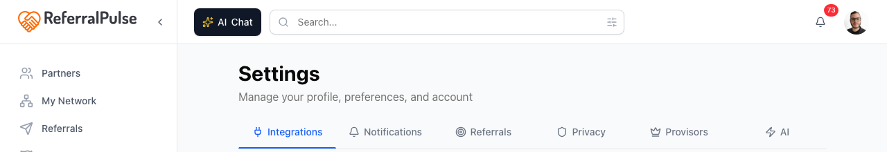 The Settings page header. Six tabs run across the top, with the active tab underlined in blue. Click a tab to switch sections.