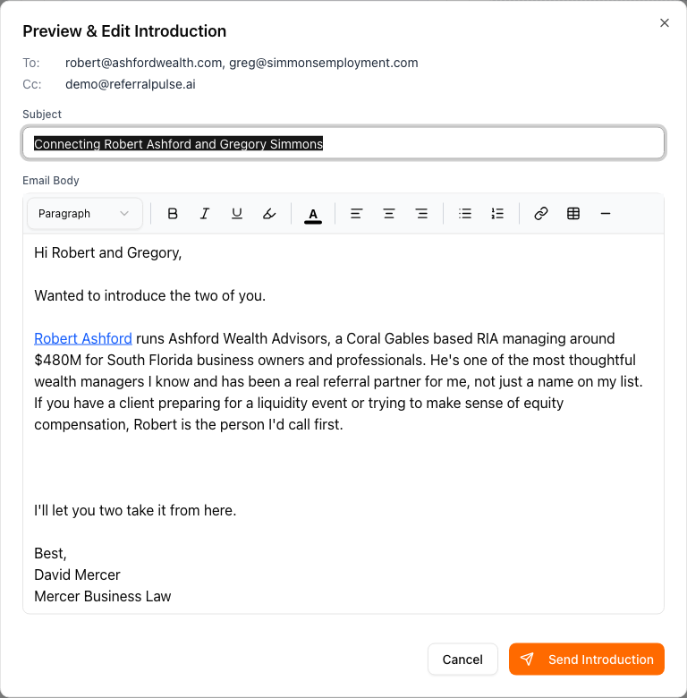 The introduction composer Preview and Edit modal. The drafted email is the same regardless of whether both parties have ReferralPulse accounts.