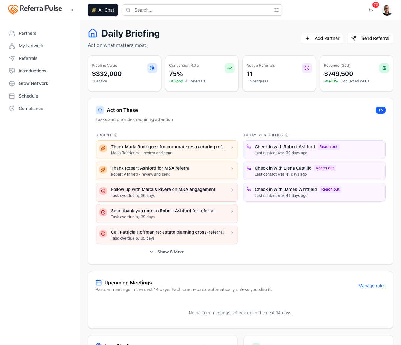 The home dashboard. The four stat tiles at the top summarize your pipeline. Below them are action items, your active pipeline, commission tracking, and partner health cards.