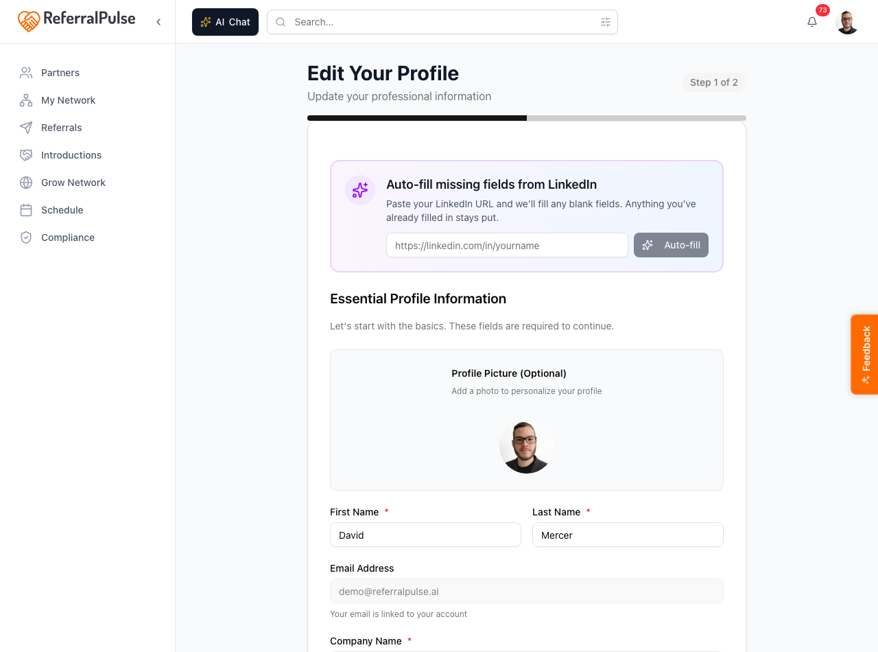 The Edit Your Profile page on Step 1. The Provisors refresh card appears at the top for verified Provisors members, with a Refresh from Provisors directory button. Below it is a fallback option to fill from a LinkedIn URL.
