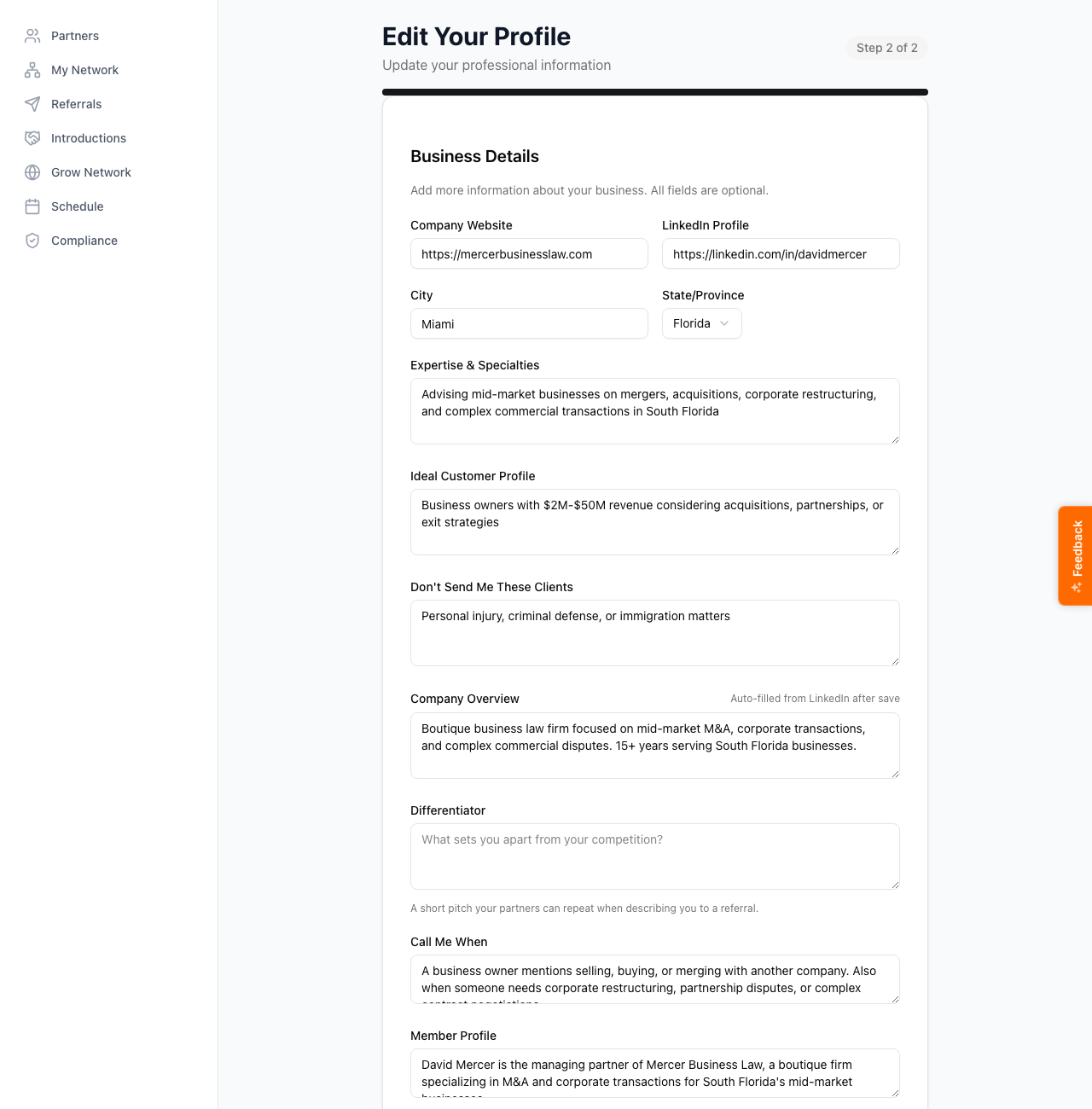 Step 2 of the editor. The Business Details step covers company website, LinkedIn URL, expertise, ideal customer, services offered, and industries served. Optional fields that sharpen the assistant's read on the kinds of clients to send your way.